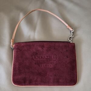 Coach Burgundy Suede Wristlet with Natural Leather Strap